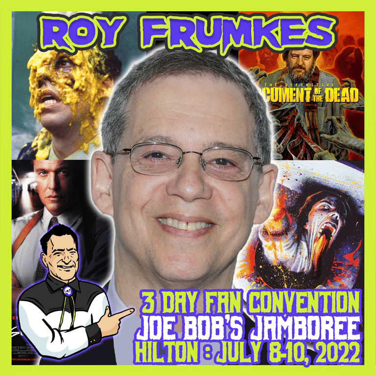 A poster for the Roy Franks Convention featuring Joe Bob Briggs and Darcy the Mail Girl from "The Last Drive-In.