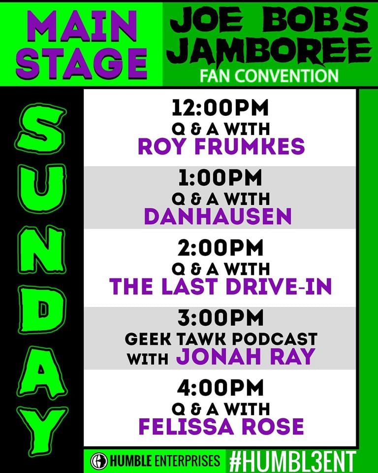 Joe Bob Briggs and Darcy the mail girl host a fan jamboree at Main Joe Bob's stage spotlighting Monstervision.